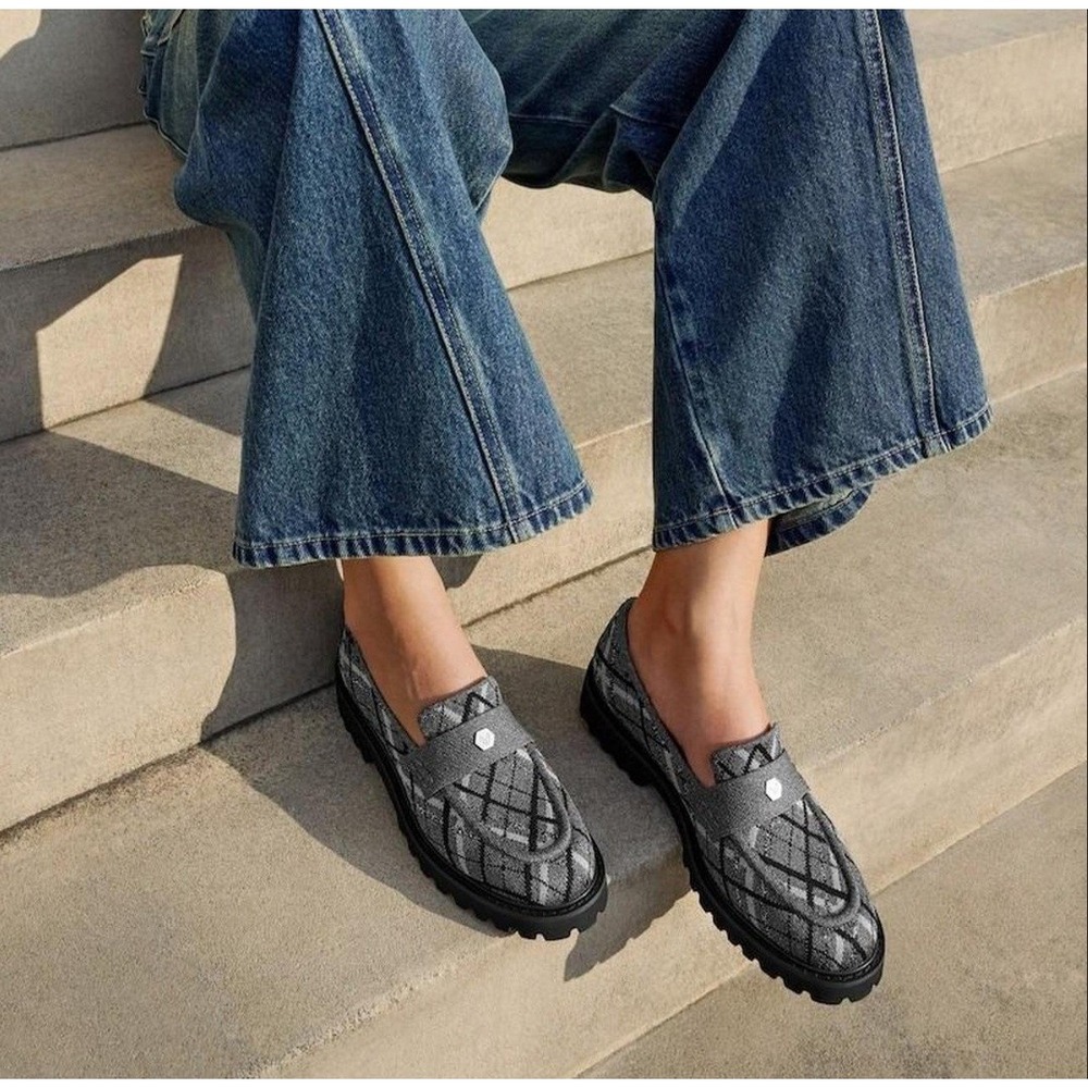 Vivaia Francesca Gray Plaid Knit Lug Sole Platform Loafers Size 43 Slip On Shoes